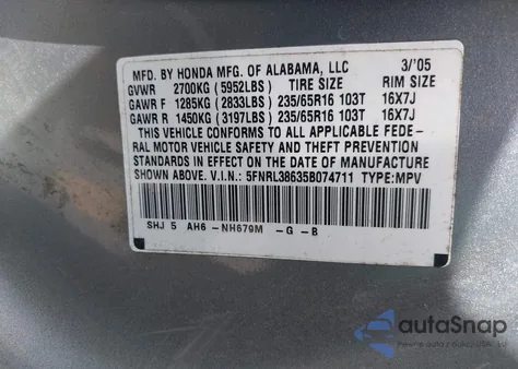 2005 Honda Odyssey Ex-L z USA, uszkodzony, nr VIN 5FNRL38635B074711